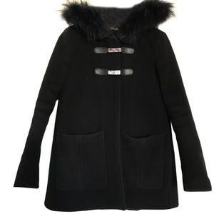 Maje fall coat w leather buckled and fur trim hood